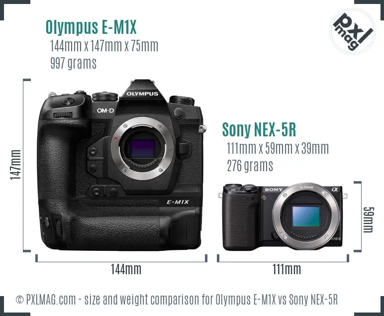 Olympus E-M1X vs Sony NEX-5R size comparison