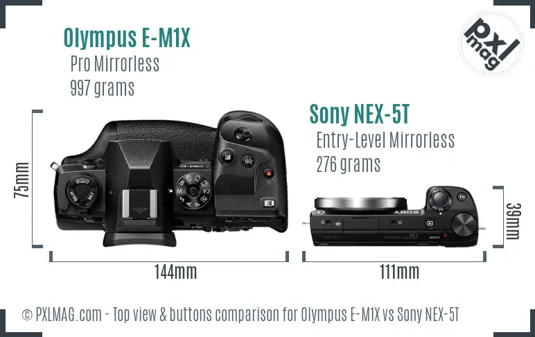 Olympus E-M1X vs Sony NEX-5T top view buttons comparison