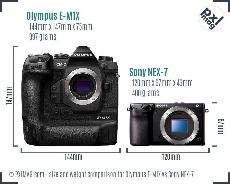 Olympus E-M1X vs Sony NEX-7 size comparison