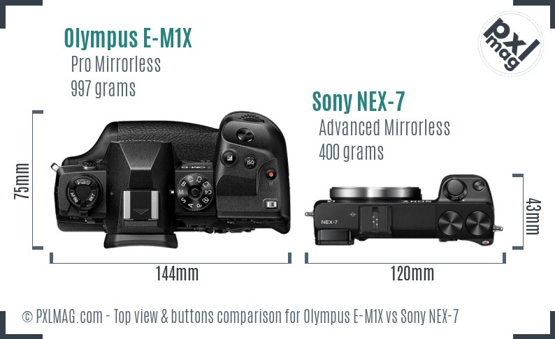 Olympus E-M1X vs Sony NEX-7 top view buttons comparison