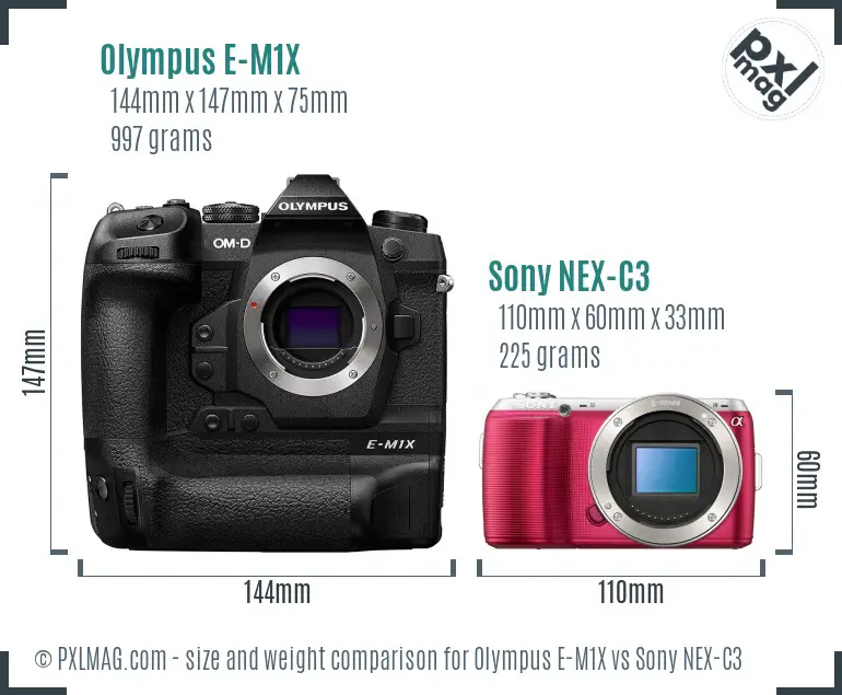 Olympus E-M1X vs Sony NEX-C3 size comparison