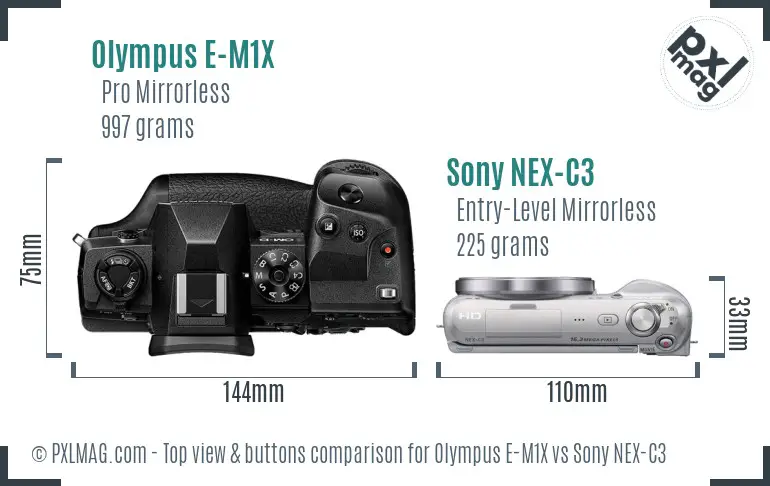 Olympus E-M1X vs Sony NEX-C3 top view buttons comparison