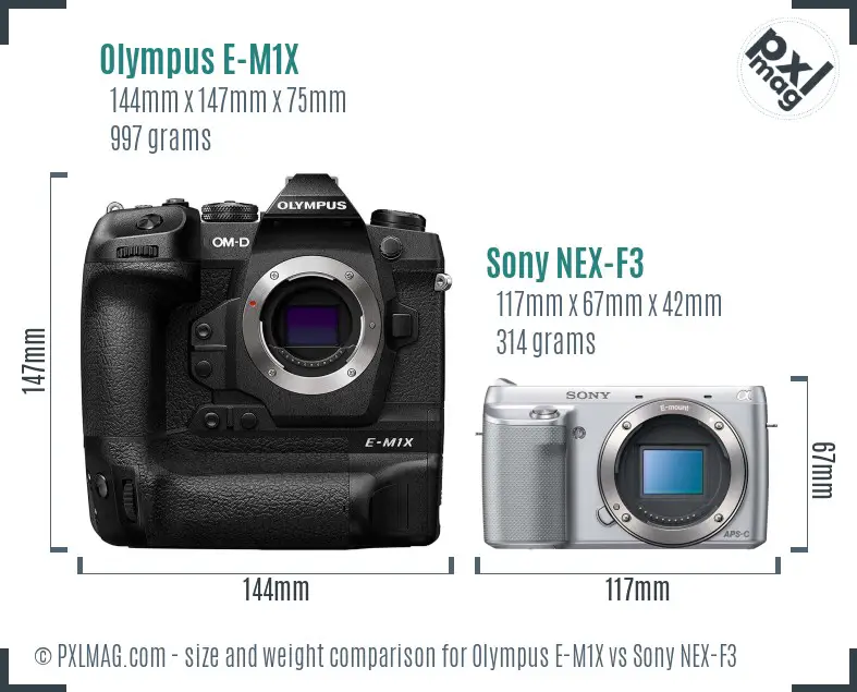 Olympus E-M1X vs Sony NEX-F3 size comparison