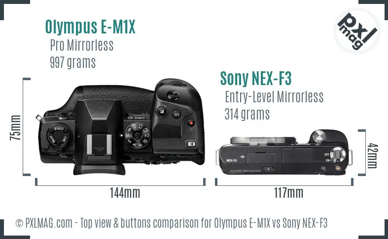 Olympus E-M1X vs Sony NEX-F3 top view buttons comparison
