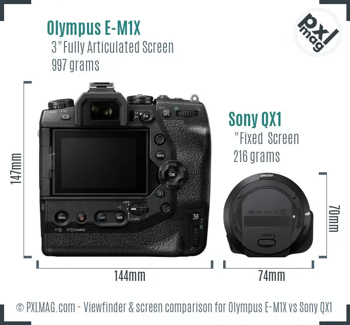 Olympus E-M1X vs Sony QX1 Screen and Viewfinder comparison