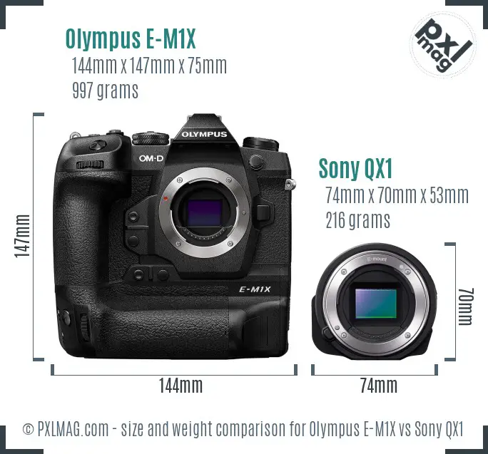 Olympus E-M1X vs Sony QX1 size comparison