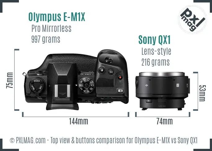 Olympus E-M1X vs Sony QX1 top view buttons comparison