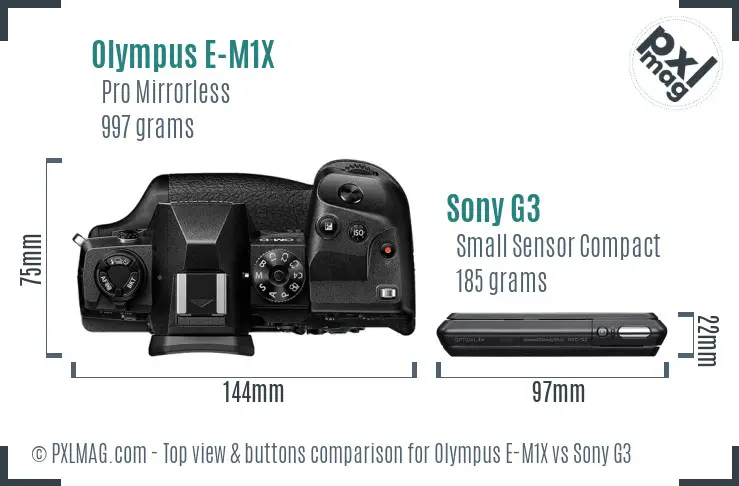 Olympus E-M1X vs Sony G3 top view buttons comparison