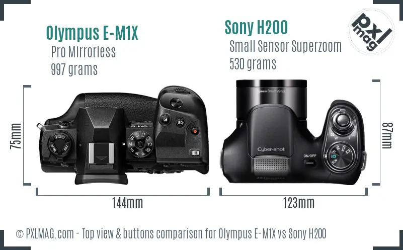 Olympus E-M1X vs Sony H200 top view buttons comparison