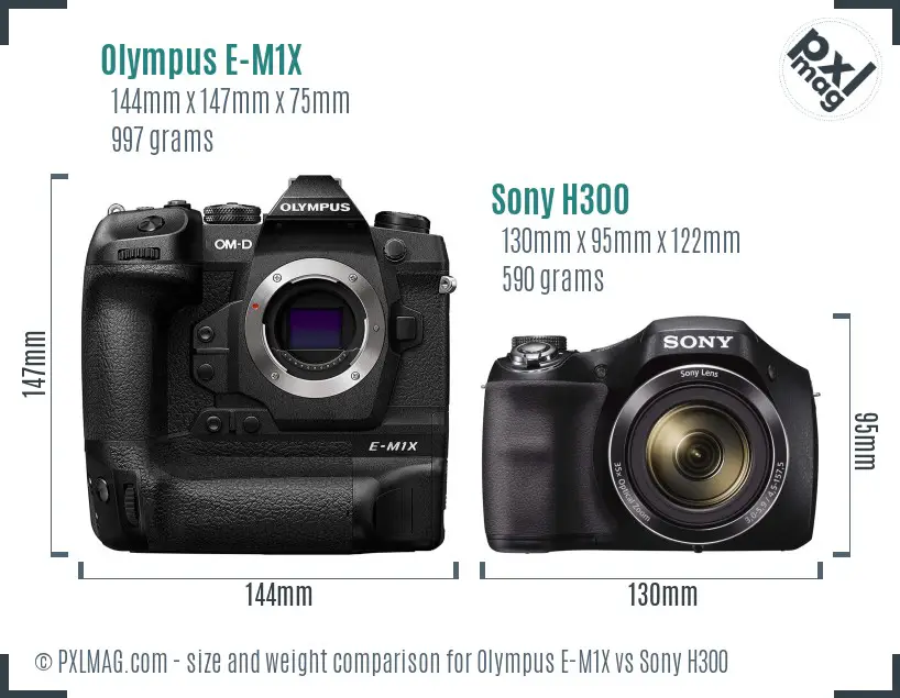 Olympus E-M1X vs Sony H300 size comparison