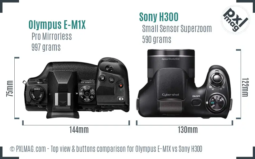 Olympus E-M1X vs Sony H300 top view buttons comparison