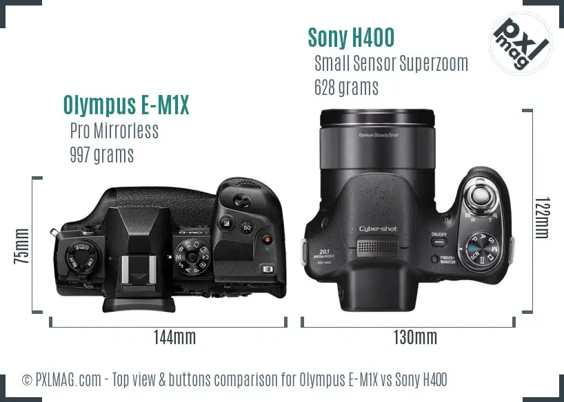 Olympus E-M1X vs Sony H400 top view buttons comparison