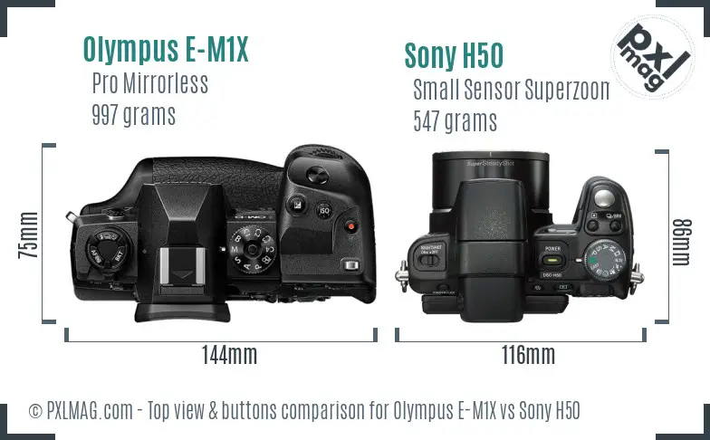 Olympus E-M1X vs Sony H50 top view buttons comparison