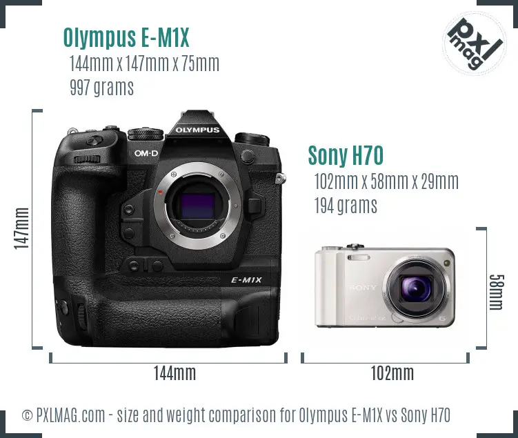 Olympus E-M1X vs Sony H70 size comparison
