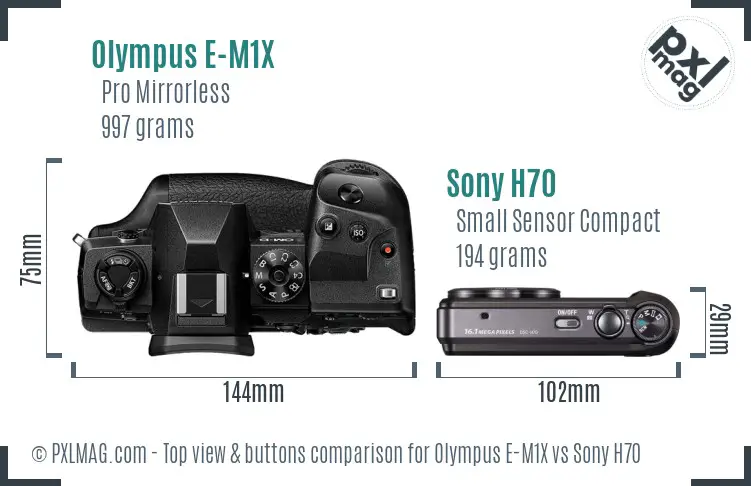 Olympus E-M1X vs Sony H70 top view buttons comparison