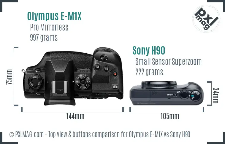 Olympus E-M1X vs Sony H90 top view buttons comparison