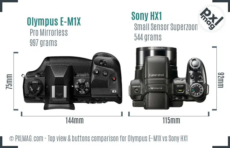 Olympus E-M1X vs Sony HX1 top view buttons comparison