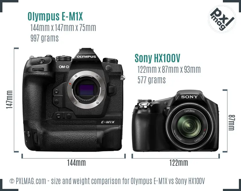 Olympus E-M1X vs Sony HX100V size comparison