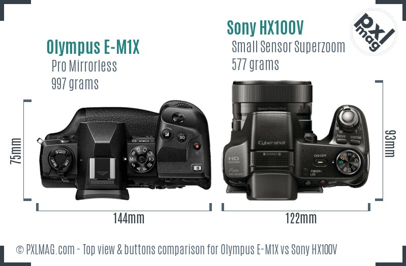 Olympus E-M1X vs Sony HX100V top view buttons comparison