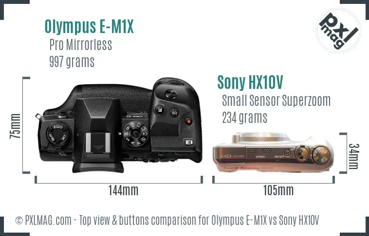 Olympus E-M1X vs Sony HX10V top view buttons comparison