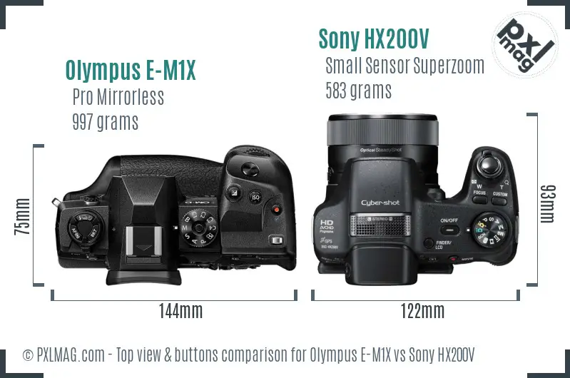 Olympus E-M1X vs Sony HX200V top view buttons comparison