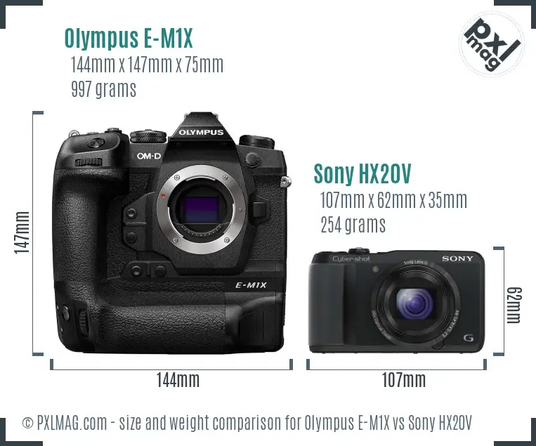 Olympus E-M1X vs Sony HX20V size comparison