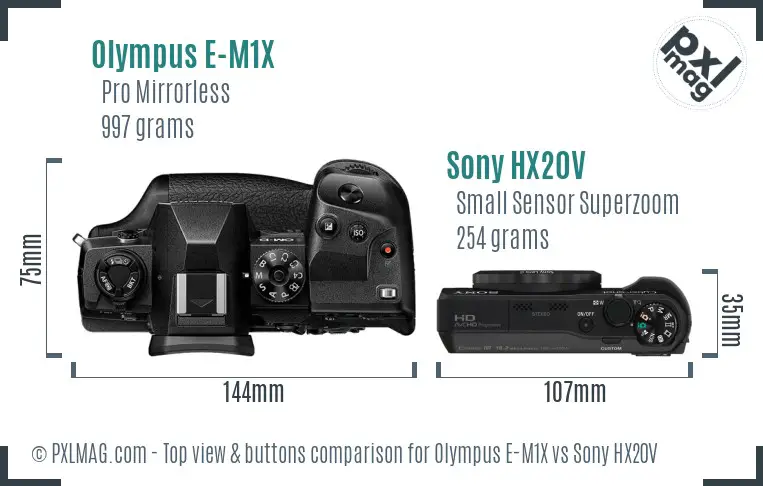Olympus E-M1X vs Sony HX20V top view buttons comparison