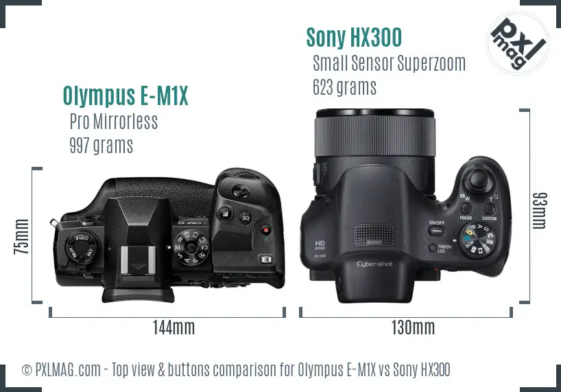 Olympus E-M1X vs Sony HX300 top view buttons comparison