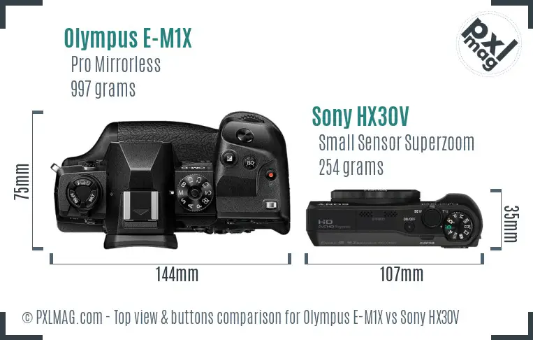 Olympus E-M1X vs Sony HX30V top view buttons comparison