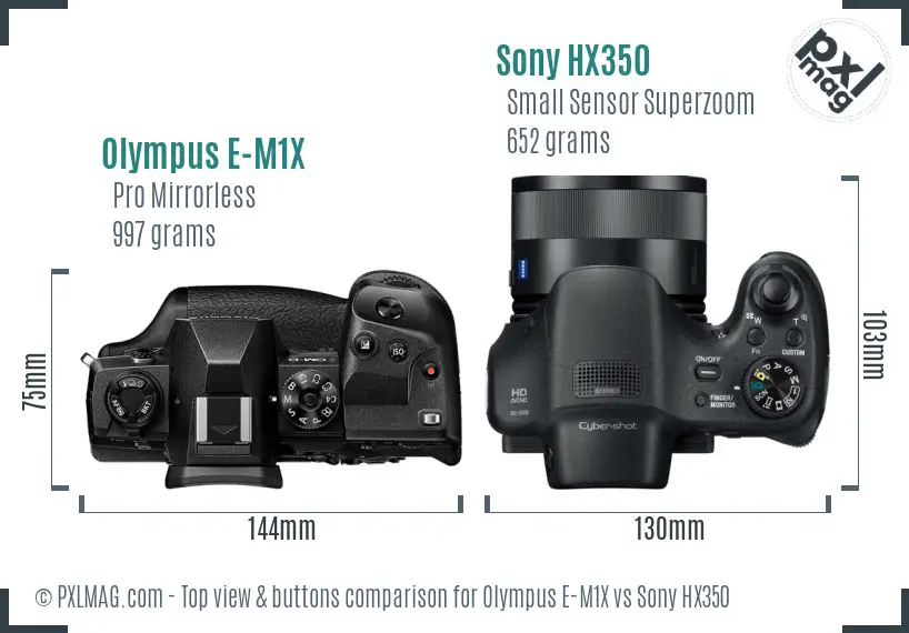 Olympus E-M1X vs Sony HX350 top view buttons comparison