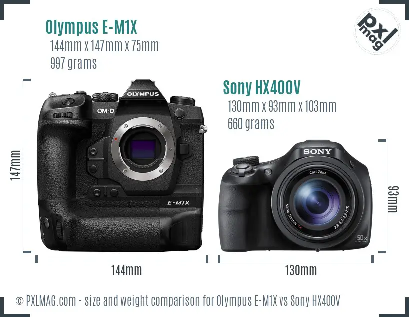 Olympus E-M1X vs Sony HX400V size comparison