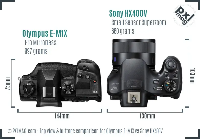 Olympus E-M1X vs Sony HX400V top view buttons comparison