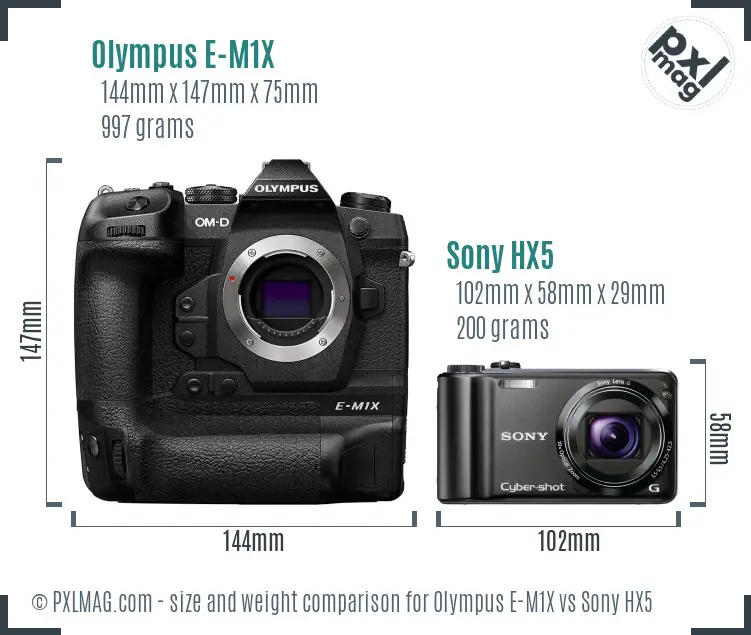Olympus E-M1X vs Sony HX5 size comparison