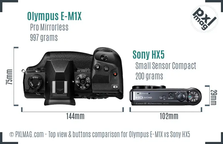 Olympus E-M1X vs Sony HX5 top view buttons comparison