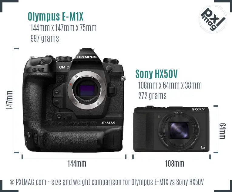 Olympus E-M1X vs Sony HX50V size comparison