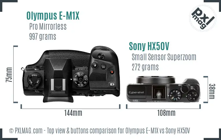 Olympus E-M1X vs Sony HX50V top view buttons comparison