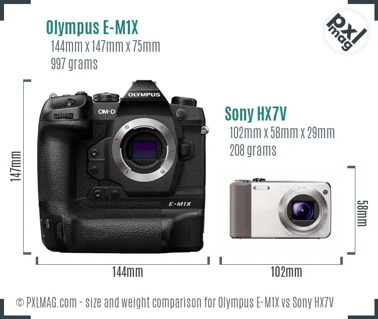 Olympus E-M1X vs Sony HX7V size comparison