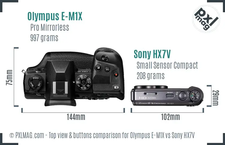 Olympus E-M1X vs Sony HX7V top view buttons comparison