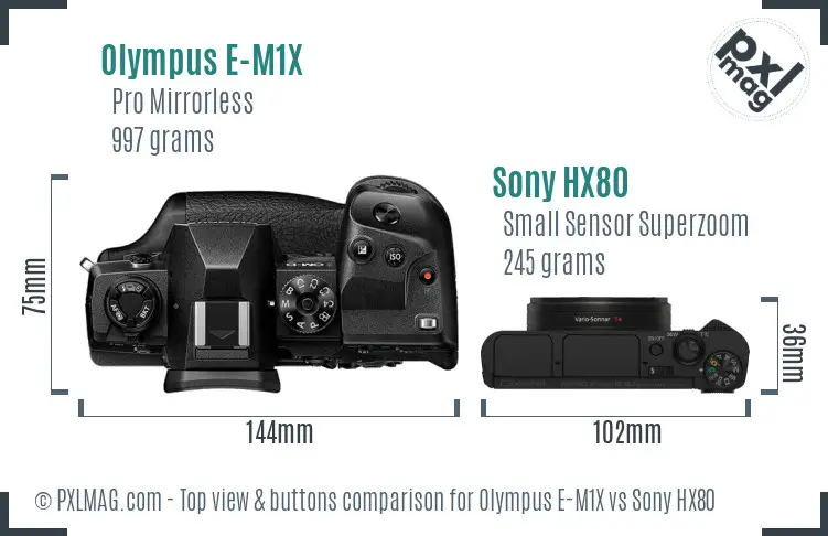 Olympus E-M1X vs Sony HX80 top view buttons comparison