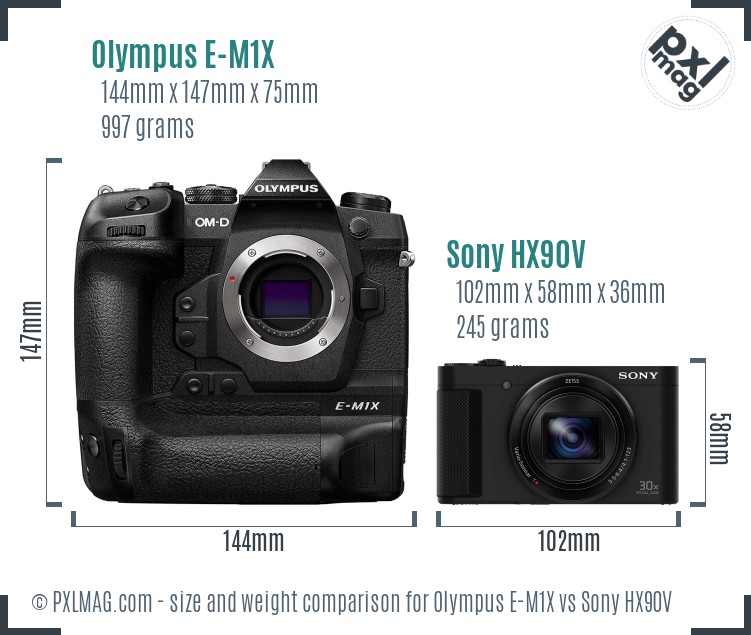 Olympus E-M1X vs Sony HX90V size comparison