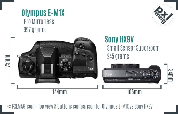 Olympus E-M1X vs Sony HX9V top view buttons comparison