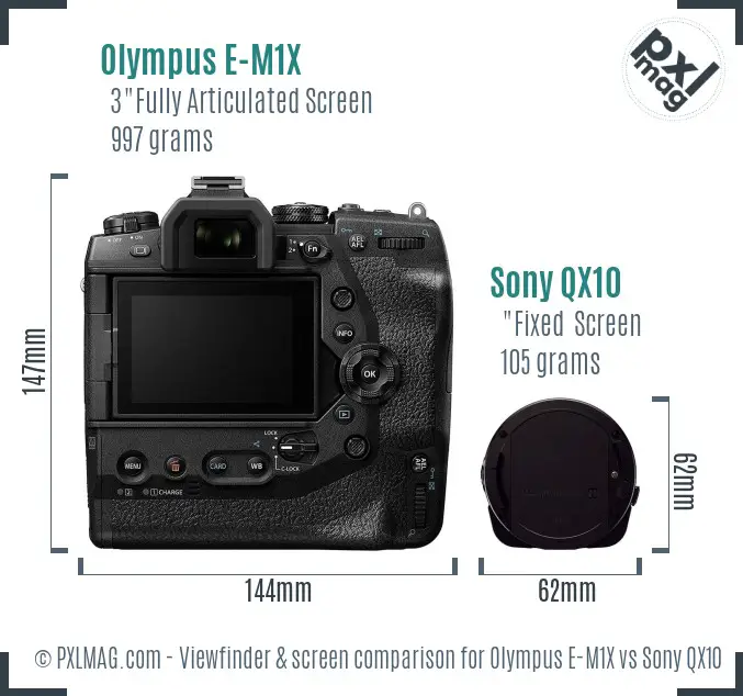Olympus E-M1X vs Sony QX10 Screen and Viewfinder comparison