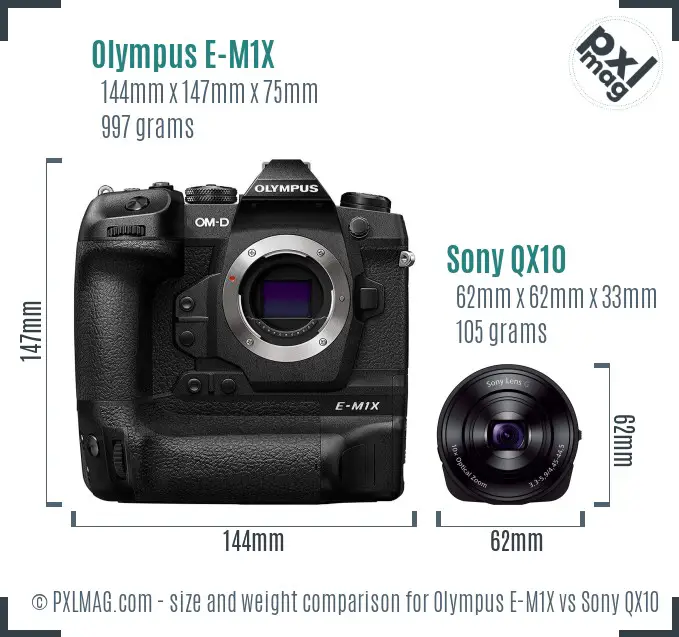 Olympus E-M1X vs Sony QX10 size comparison