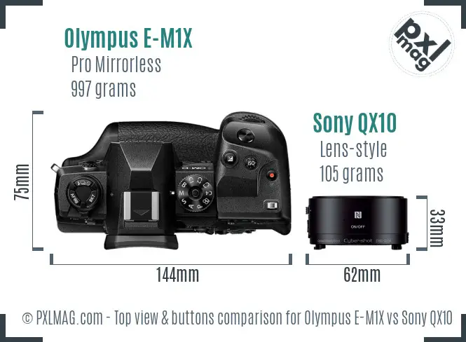 Olympus E-M1X vs Sony QX10 top view buttons comparison