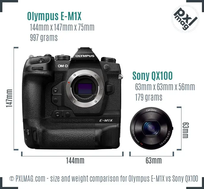 Olympus E-M1X vs Sony QX100 size comparison