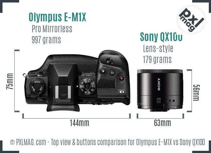 Olympus E-M1X vs Sony QX100 top view buttons comparison