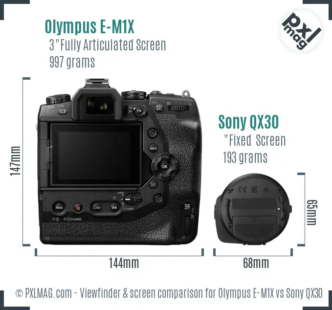 Olympus E-M1X vs Sony QX30 Screen and Viewfinder comparison