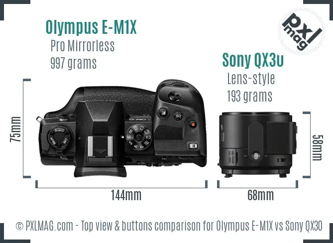 Olympus E-M1X vs Sony QX30 top view buttons comparison