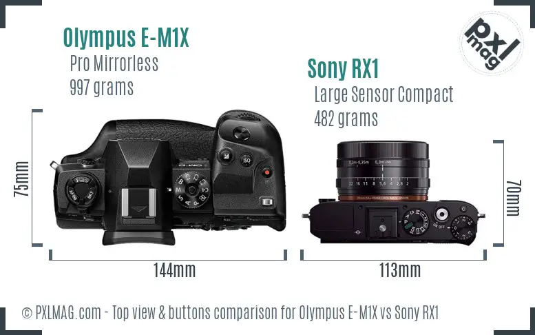 Olympus E-M1X vs Sony RX1 top view buttons comparison