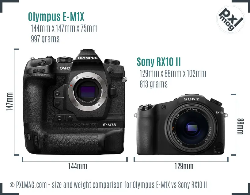 Olympus E-M1X vs Sony RX10 II size comparison